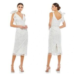 Mac Duggal Bridal Cocktail Dress Midi Sequin Lace Bow Strap Size 4  79337 Ivory